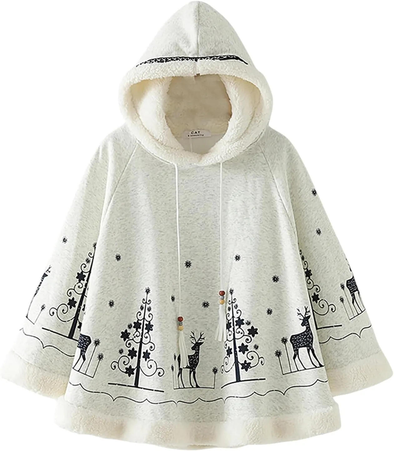CORIRESHA Womens Winter Cute Fleece Lined Hooded Cape Poncho Cloak Coat Christmas Tree Elk Printed