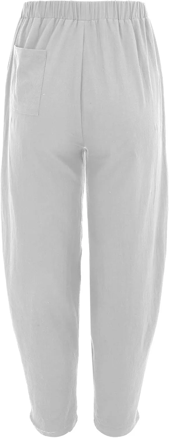 Cotton Linen Trousers for Womens Drawstring Lightweight High Elastic Waist Loose Fit Wide Leg Trousers with Pockets
