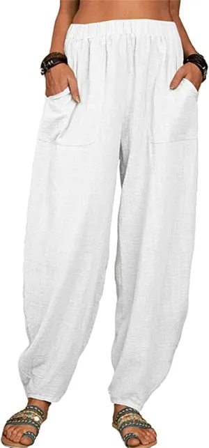 Cotton Linen Trousers for Womens Drawstring Lightweight High Elastic Waist Loose Fit Wide Leg Trousers with Pockets