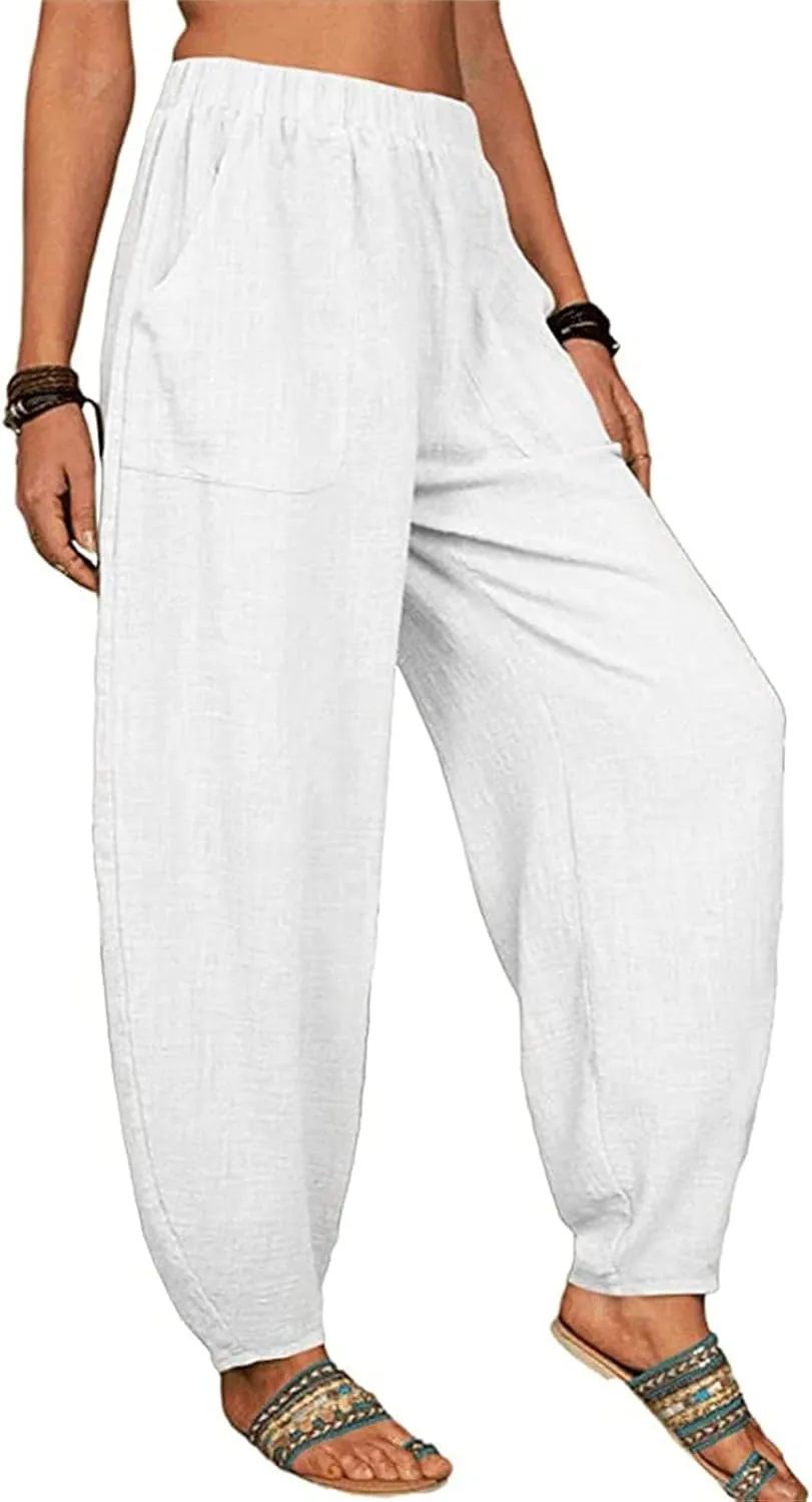 Cotton Linen Trousers for Womens Drawstring Lightweight High Elastic Waist Loose Fit Wide Leg Trousers with Pockets