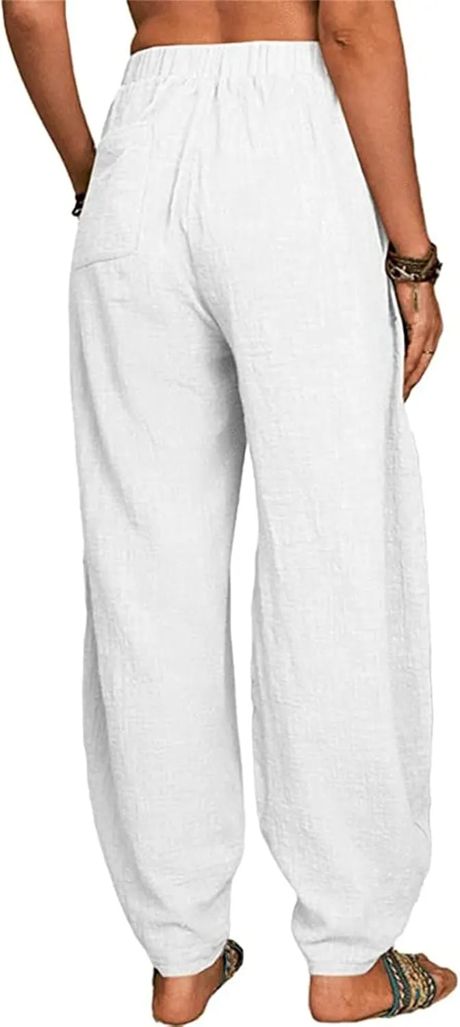 Cotton Linen Trousers for Womens Drawstring Lightweight High Elastic Waist Loose Fit Wide Leg Trousers with Pockets