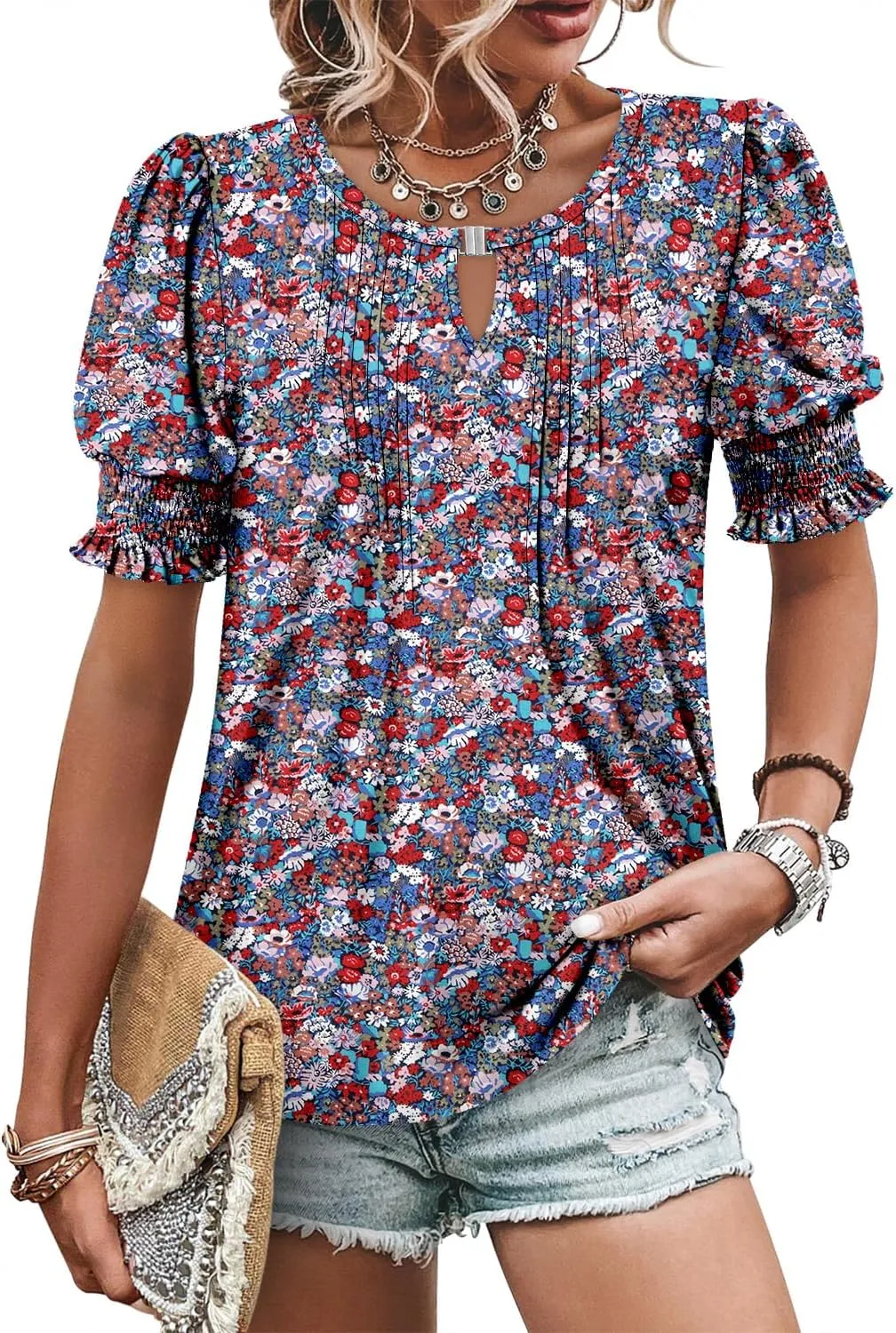 CRAZY GRID Women's Dressy Casual Top Puff Sleeve Summer Shirt Loose Trendy Pleated Blouse