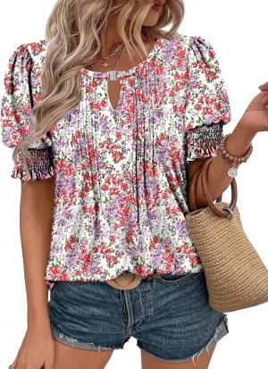 CRAZY GRID Women's Dressy Casual Top Puff Sleeve Summer Shirt Loose Trendy Pleated Blouse