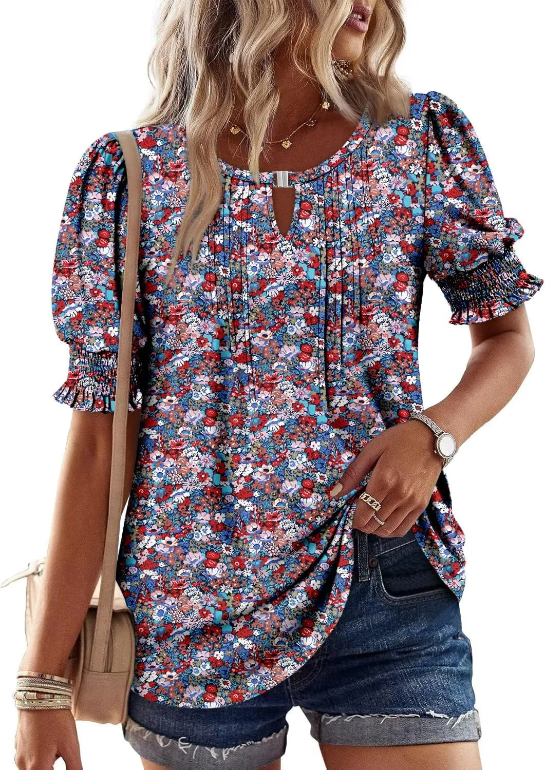 CRAZY GRID Women's Dressy Casual Top Puff Sleeve Summer Shirt Loose Trendy Pleated Blouse