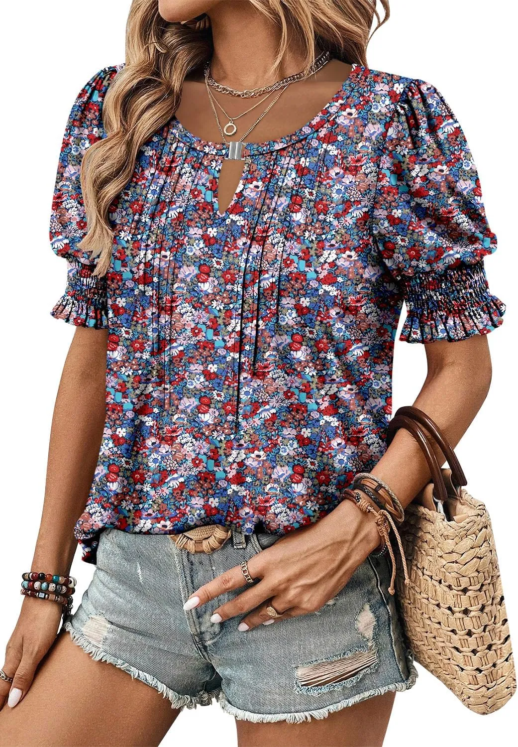 CRAZY GRID Women's Dressy Casual Top Puff Sleeve Summer Shirt Loose Trendy Pleated Blouse