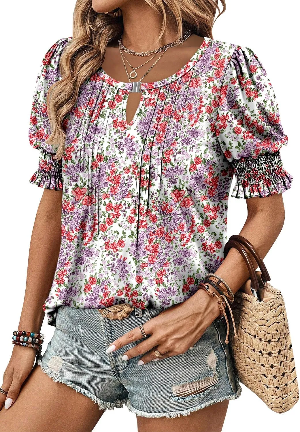 CRAZY GRID Women's Dressy Casual Top Puff Sleeve Summer Shirt Loose Trendy Pleated Blouse