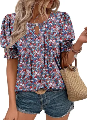 CRAZY GRID Women's Dressy Casual Top Puff Sleeve Summer Shirt Loose Trendy Pleated Blouse
