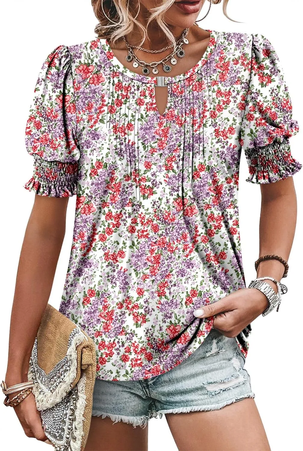 CRAZY GRID Women's Dressy Casual Top Puff Sleeve Summer Shirt Loose Trendy Pleated Blouse