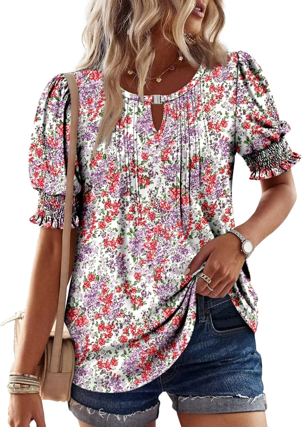 CRAZY GRID Women's Dressy Casual Top Puff Sleeve Summer Shirt Loose Trendy Pleated Blouse