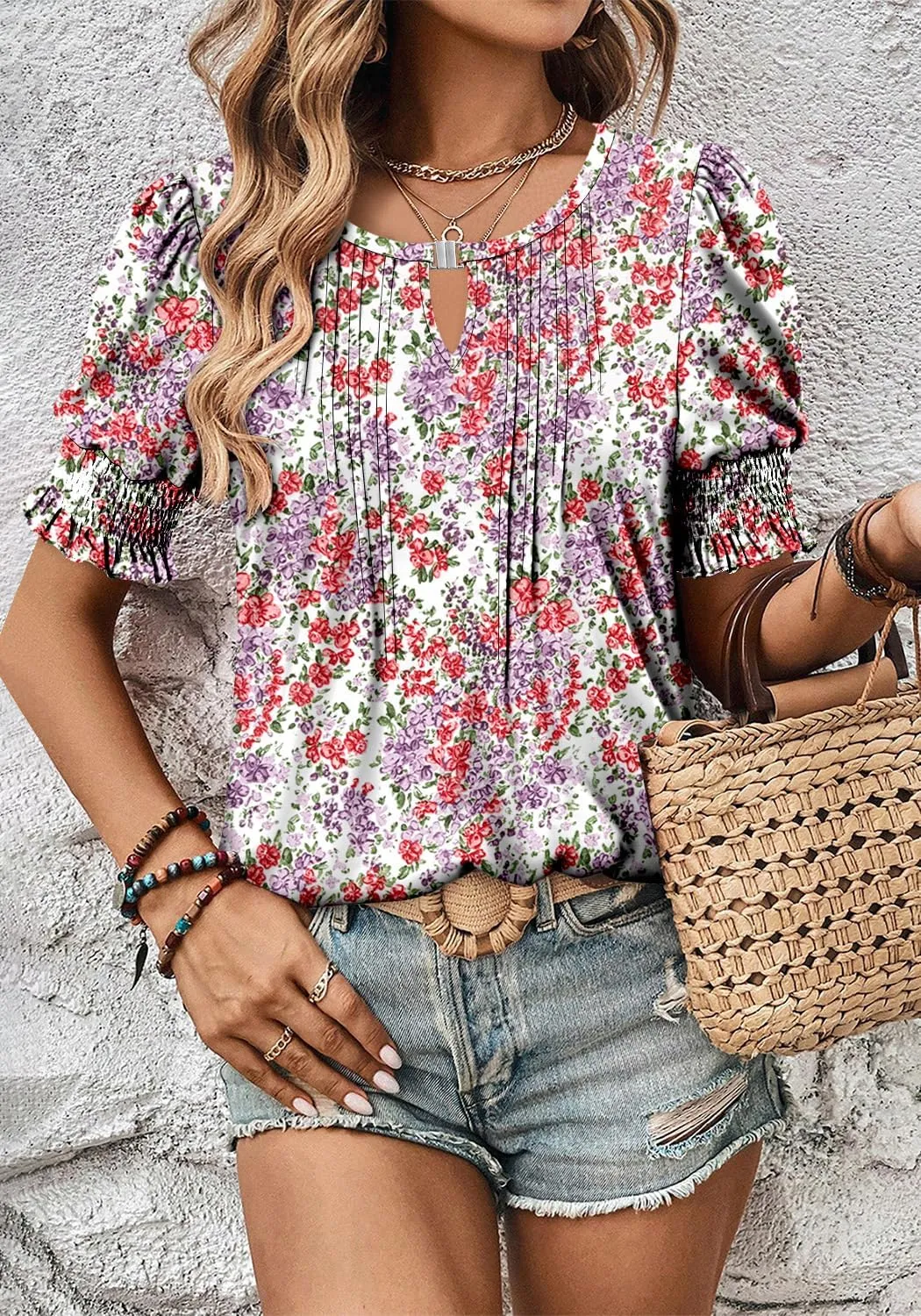 CRAZY GRID Women's Dressy Casual Top Puff Sleeve Summer Shirt Loose Trendy Pleated Blouse