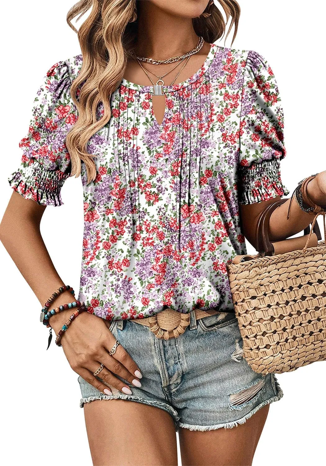 CRAZY GRID Women's Dressy Casual Top Puff Sleeve Summer Shirt Loose Trendy Pleated Blouse
