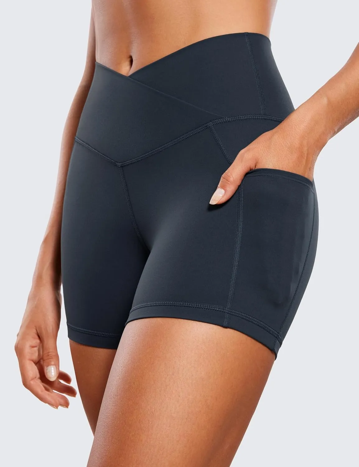 CRZ YOGA Womens Butterluxe Cross Waist Biker Shorts 4" - V Crossover High Waisted Side Pockets Workout Gym Yoga
