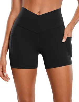 CRZ YOGA Womens Butterluxe Cross Waist Biker Shorts 4" - V Crossover High Waisted Side Pockets Workout Gym Yoga