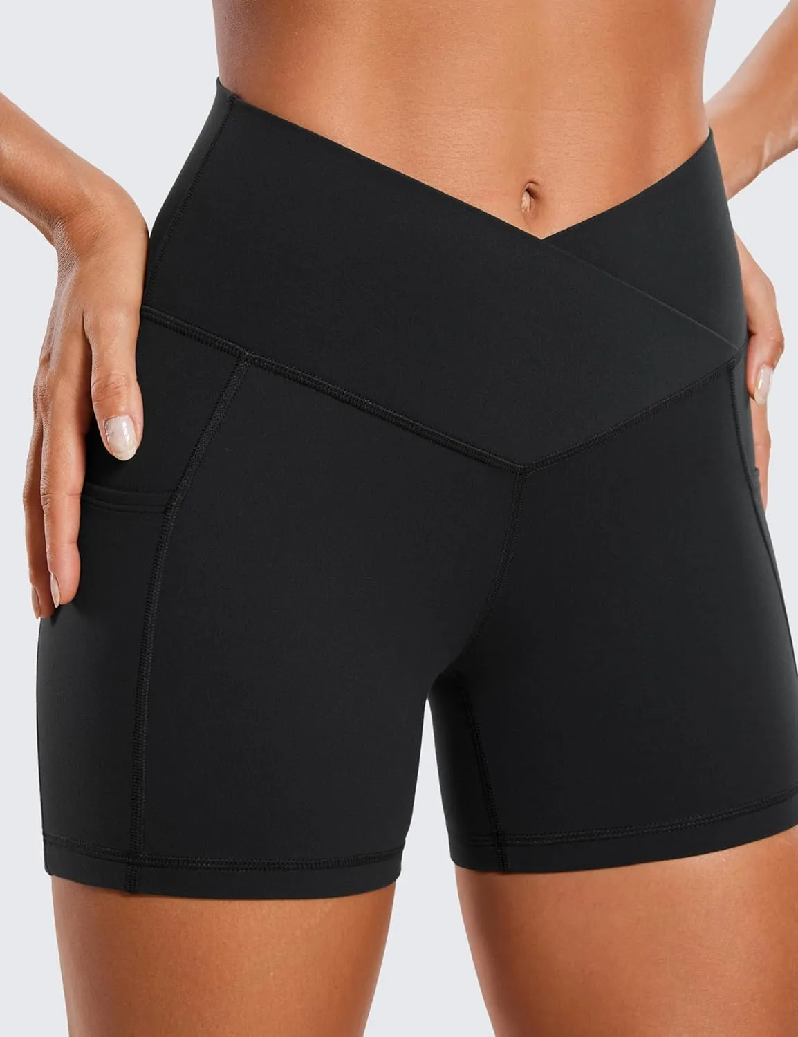 CRZ YOGA Womens Butterluxe Cross Waist Biker Shorts 4" - V Crossover High Waisted Side Pockets Workout Gym Yoga
