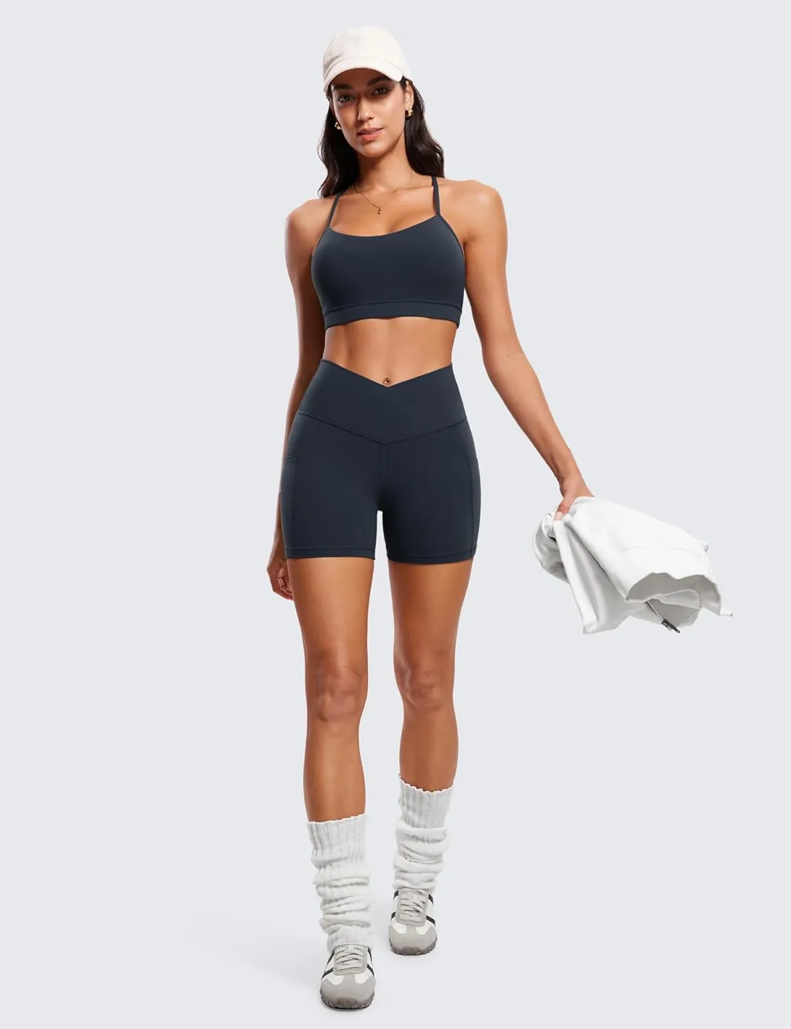 CRZ YOGA Womens Butterluxe Cross Waist Biker Shorts 4" - V Crossover High Waisted Side Pockets Workout Gym Yoga