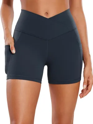 CRZ YOGA Womens Butterluxe Cross Waist Biker Shorts 4" - V Crossover High Waisted Side Pockets Workout Gym Yoga