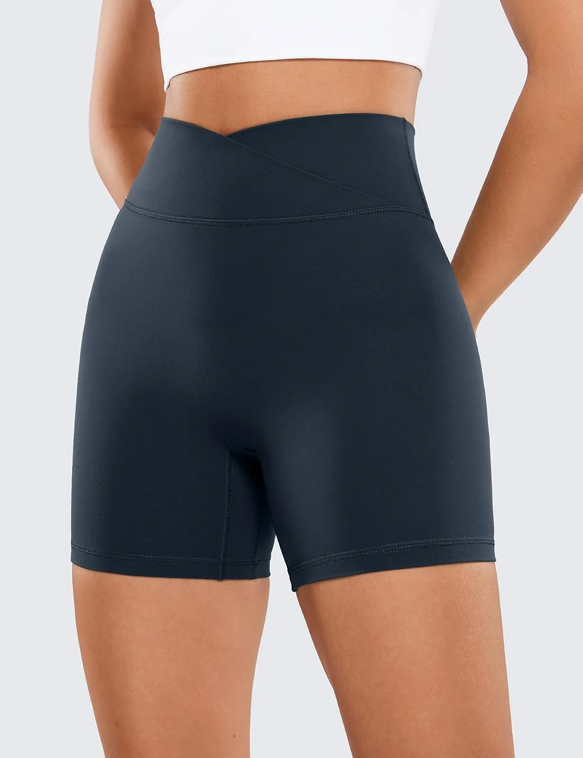 CRZ YOGA Womens Butterluxe Crossover Scrunch Butt Biker Shorts 5" - High Waist No Front Seam Workout Yoga Booty Lift Shorts