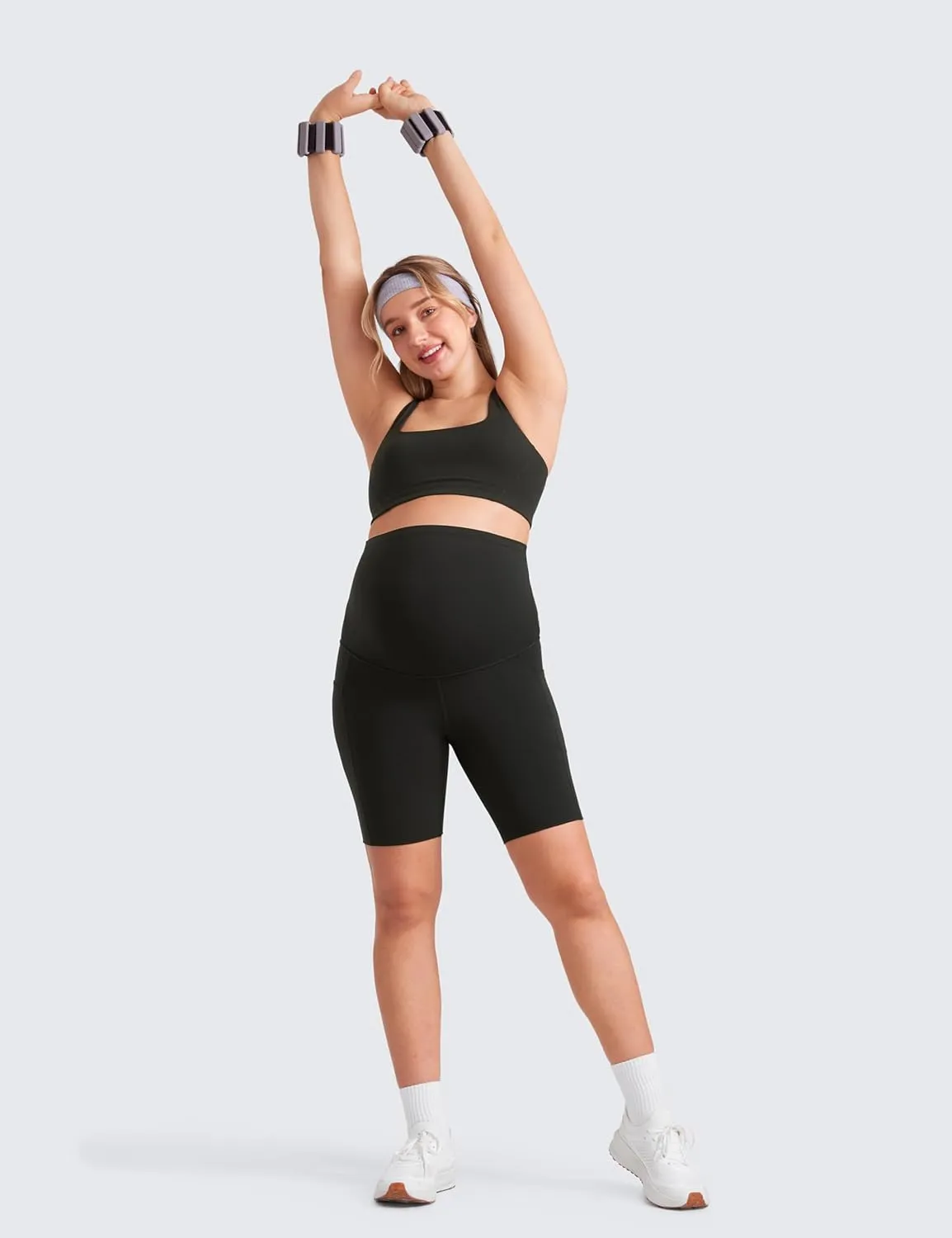 CRZ YOGA Womens Butterluxe Maternity Yoga Biker Shorts with Pockets 8" - Over The Belly Pregnancy Workout Athletic
