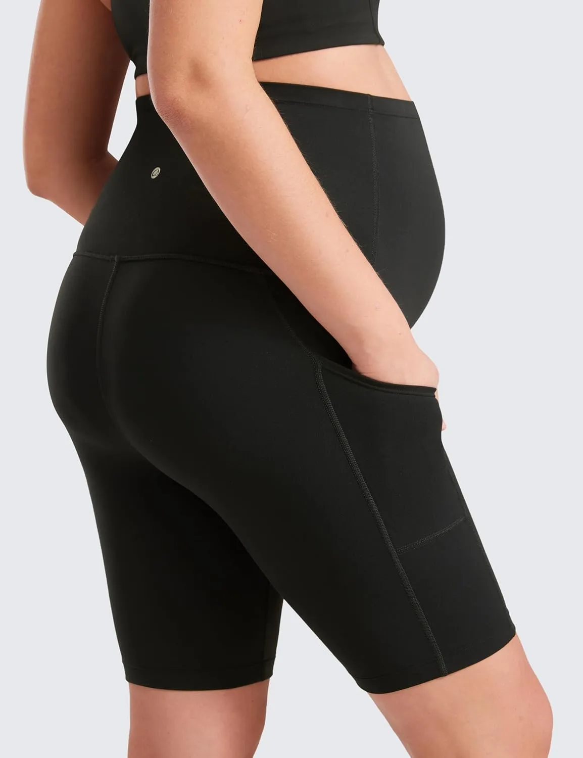 CRZ YOGA Womens Butterluxe Maternity Yoga Biker Shorts with Pockets 8" - Over The Belly Pregnancy Workout Athletic