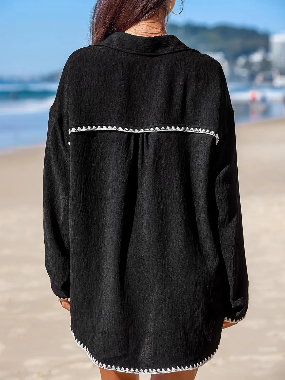 CUPSHE Women Swimsuit Cover Up Long Sleeve Bathing Suit Coverup Casual Loose Cardigans for Swimwear