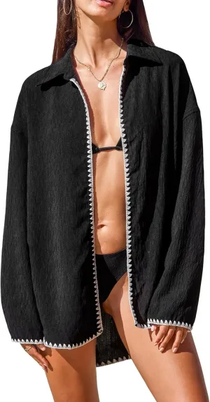 CUPSHE Women Swimsuit Cover Up Long Sleeve Bathing Suit Coverup Casual Loose Cardigans for Swimwear