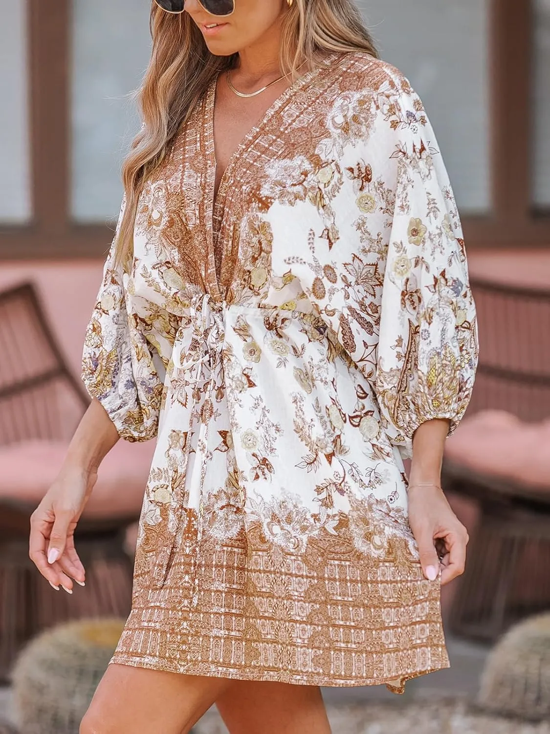CUPSHE Women's Plunging V Neck Backless Beach Dress Paisley Boho Blouson Sleeve Back Tie Waist Tie Mini Summer Dresses