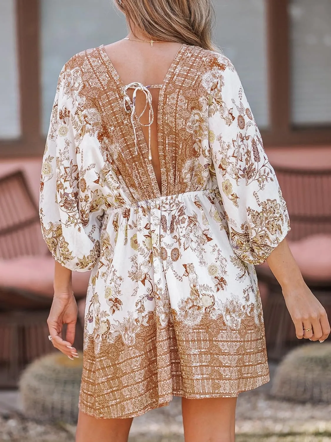 CUPSHE Women's Plunging V Neck Backless Beach Dress Paisley Boho Blouson Sleeve Back Tie Waist Tie Mini Summer Dresses