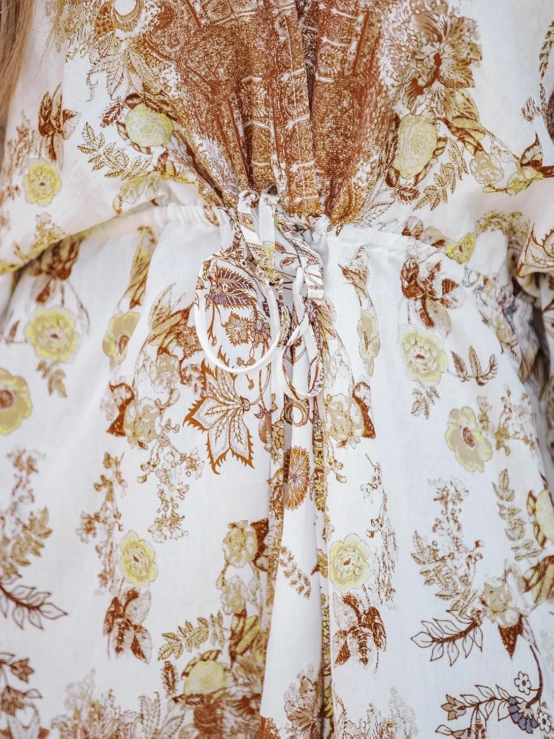 CUPSHE Women's Plunging V Neck Backless Beach Dress Paisley Boho Blouson Sleeve Back Tie Waist Tie Mini Summer Dresses