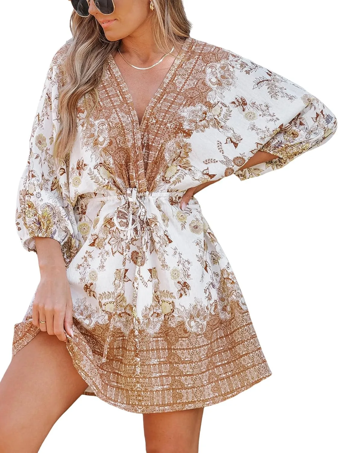 CUPSHE Women's Plunging V Neck Backless Beach Dress Paisley Boho Blouson Sleeve Back Tie Waist Tie Mini Summer Dresses
