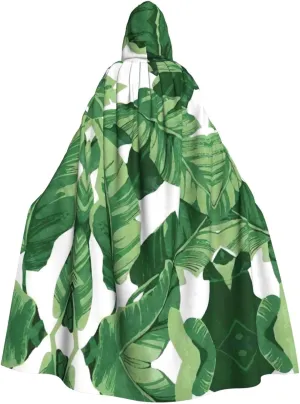 Cute Green Palm Leaves Print Long Cape Unisex Cloak With Hood Halloween Costume Cloak Adult Vampire Witch Cape
