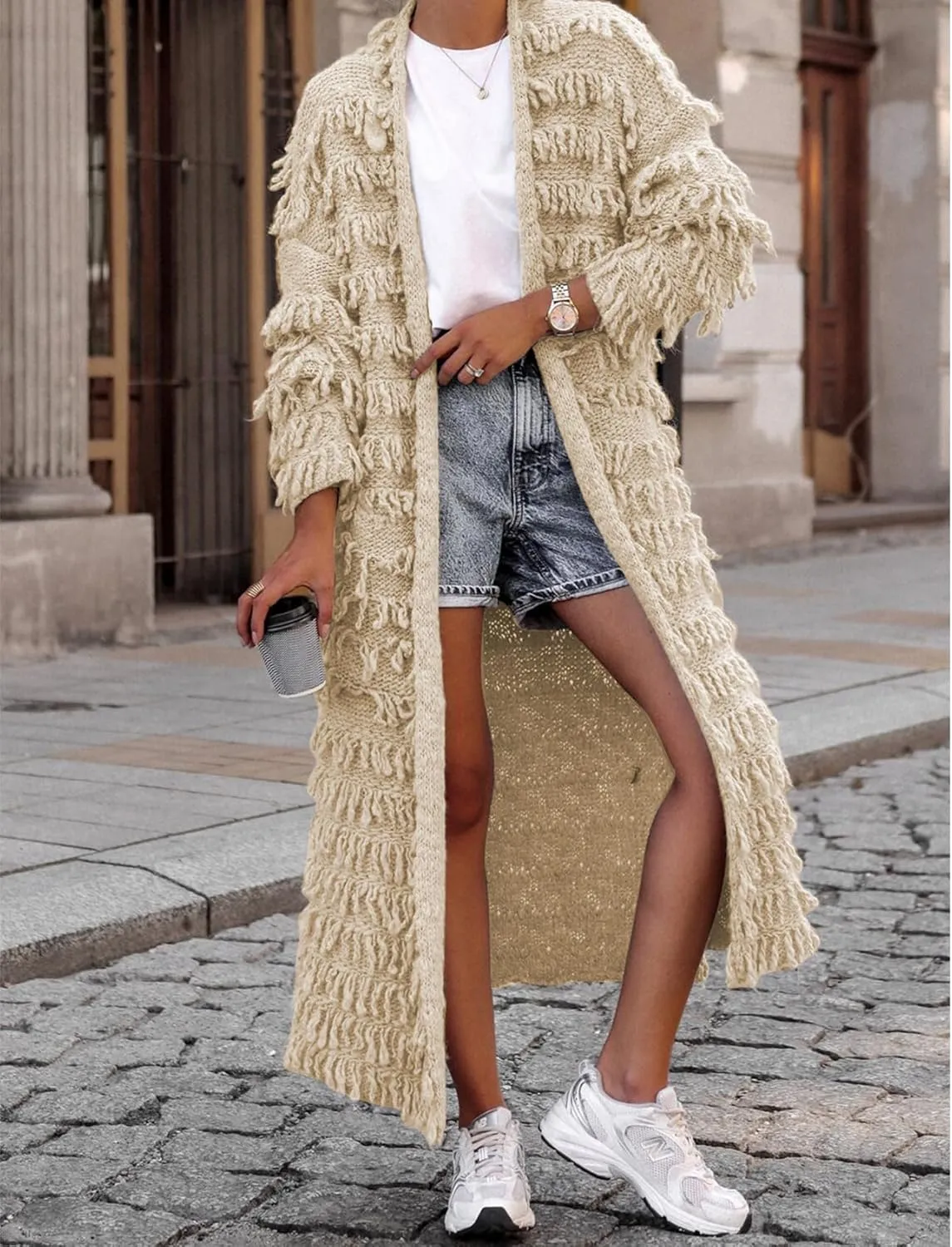 CXINS Womens Crochet Cable Knit Fringe Tassel Maxi Cardigans Open Front Long Sweater Cardigan Outwear