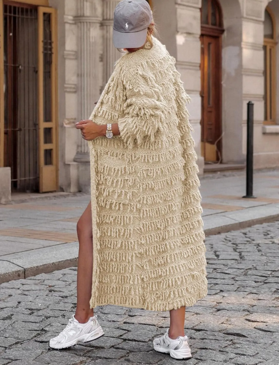 CXINS Womens Crochet Cable Knit Fringe Tassel Maxi Cardigans Open Front Long Sweater Cardigan Outwear