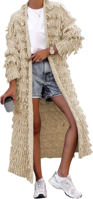 CXINS Womens Crochet Cable Knit Fringe Tassel Maxi Cardigans Open Front Long Sweater Cardigan Outwear