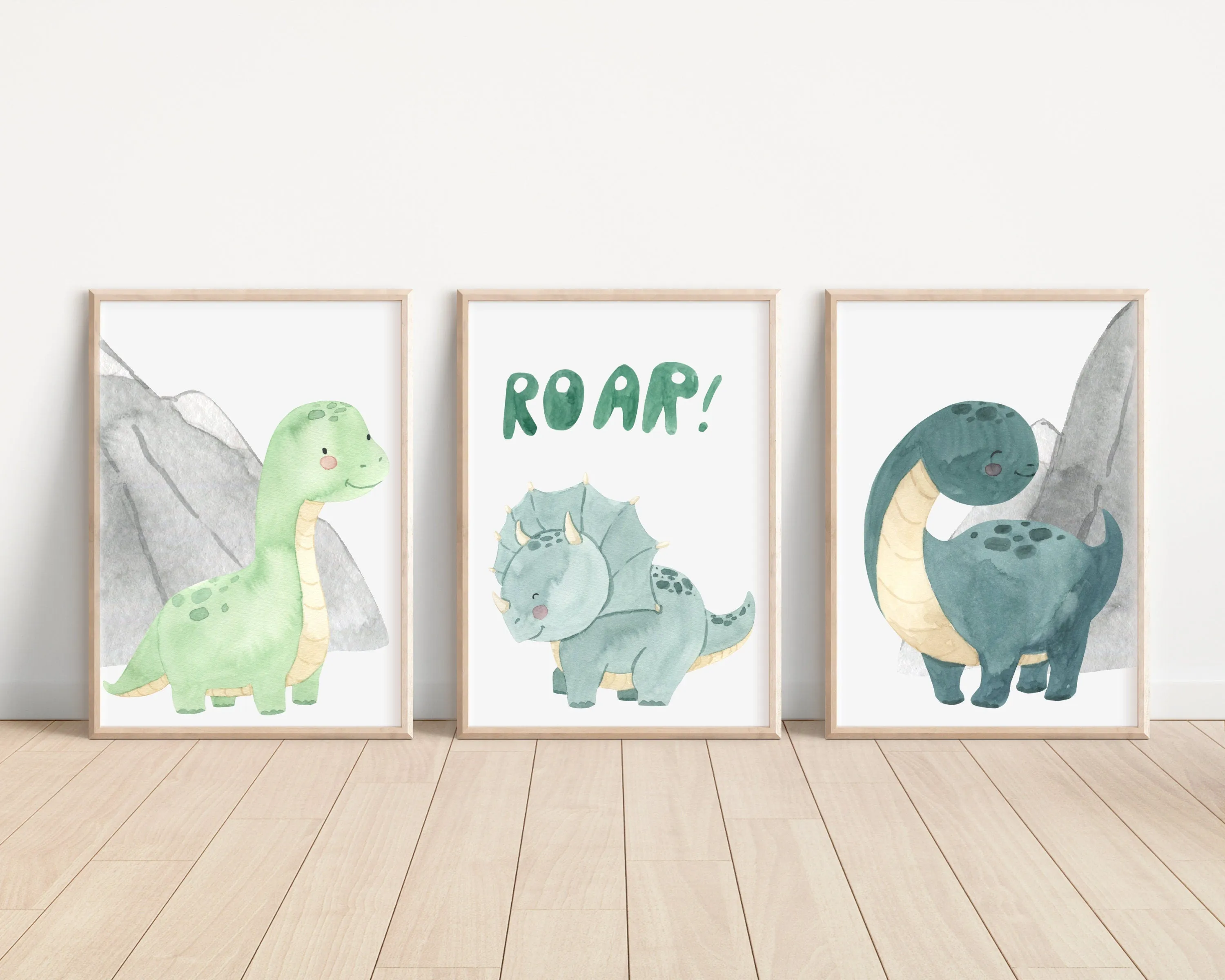 Dinosaur Set of 3 Nursery Art Prints, Boy Nursery Wall Art Blue Green, Dino Nursery Decor, Play Room, Boy Baby Ideas, Kids room, roar,006