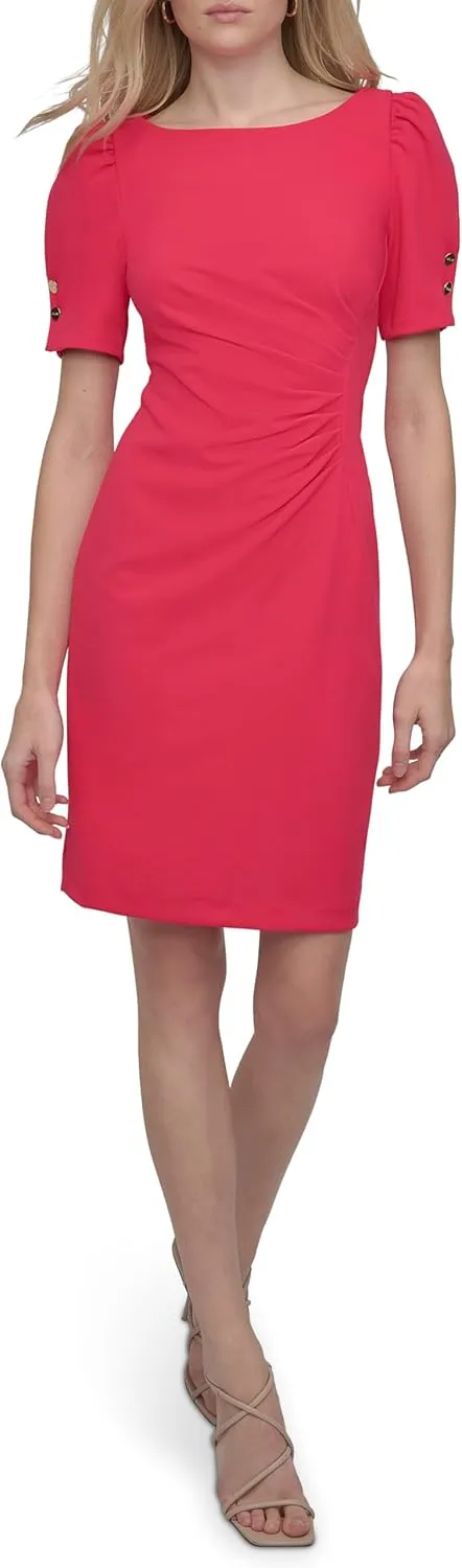 DKNY Women's Button Short Sleeve Ruched Sheath Dress