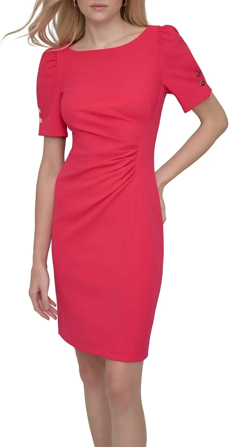 DKNY Women's Button Short Sleeve Ruched Sheath Dress