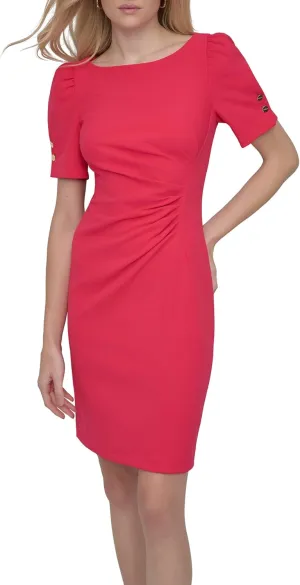 DKNY Women's Button Short Sleeve Ruched Sheath Dress