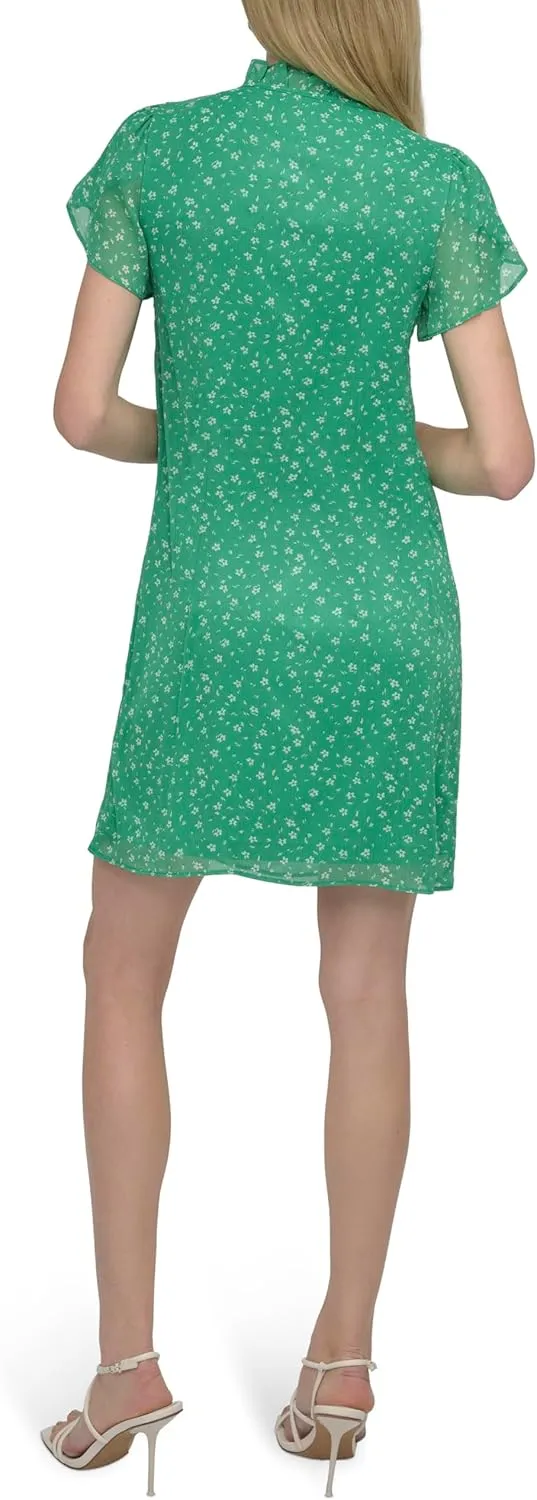DKNY womens Front Tie Ruffle Neckline Trapeze Dress