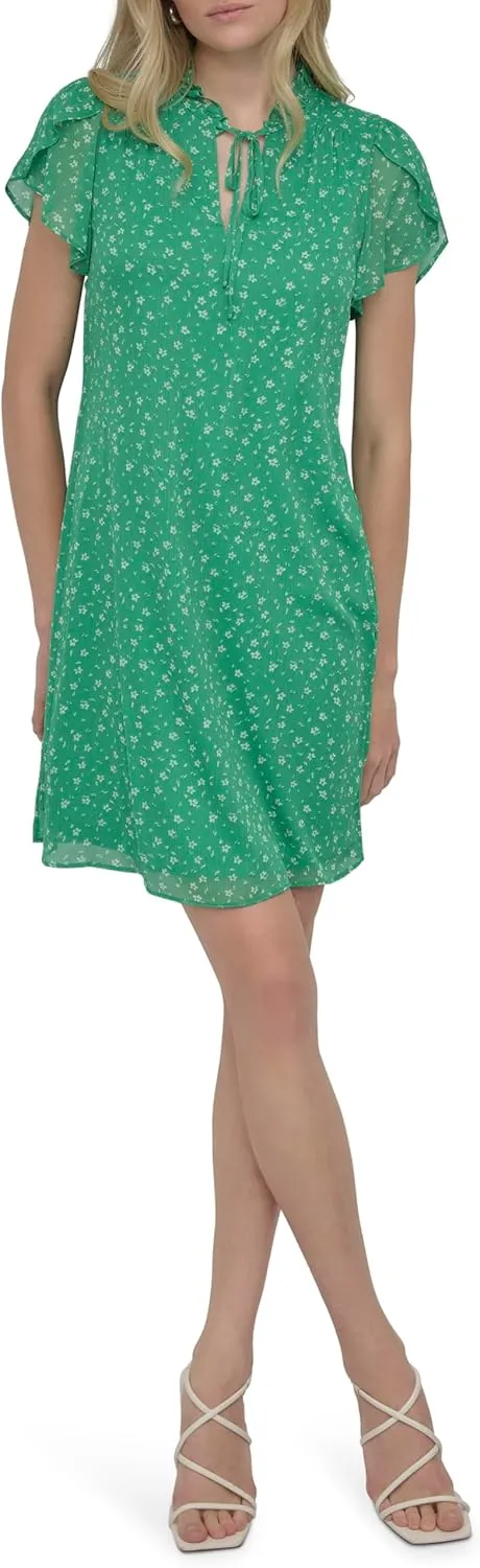 DKNY womens Front Tie Ruffle Neckline Trapeze Dress
