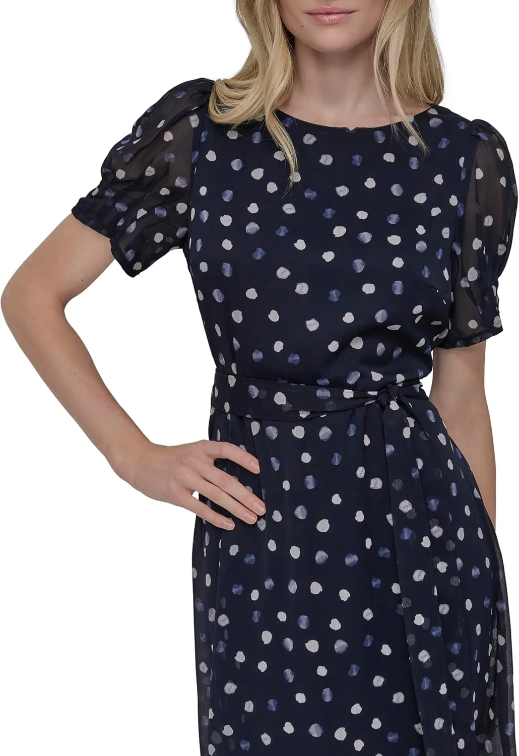 DKNY Women's Puff Sleeve Tie Waist A-line Mini Dress
