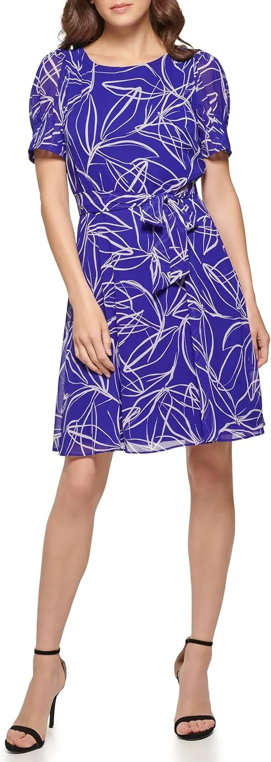 DKNY Women's Puff Sleeve Tie Waist A-line Mini Dress