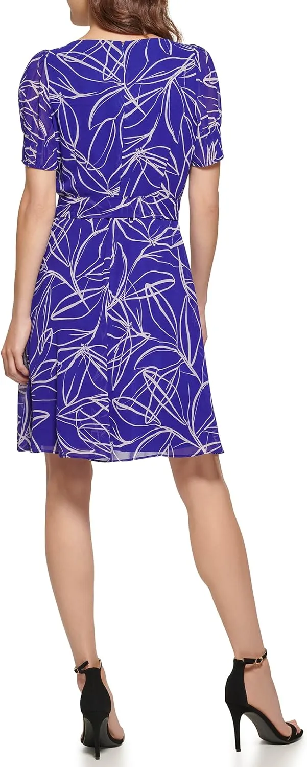 DKNY Women's Puff Sleeve Tie Waist A-line Mini Dress