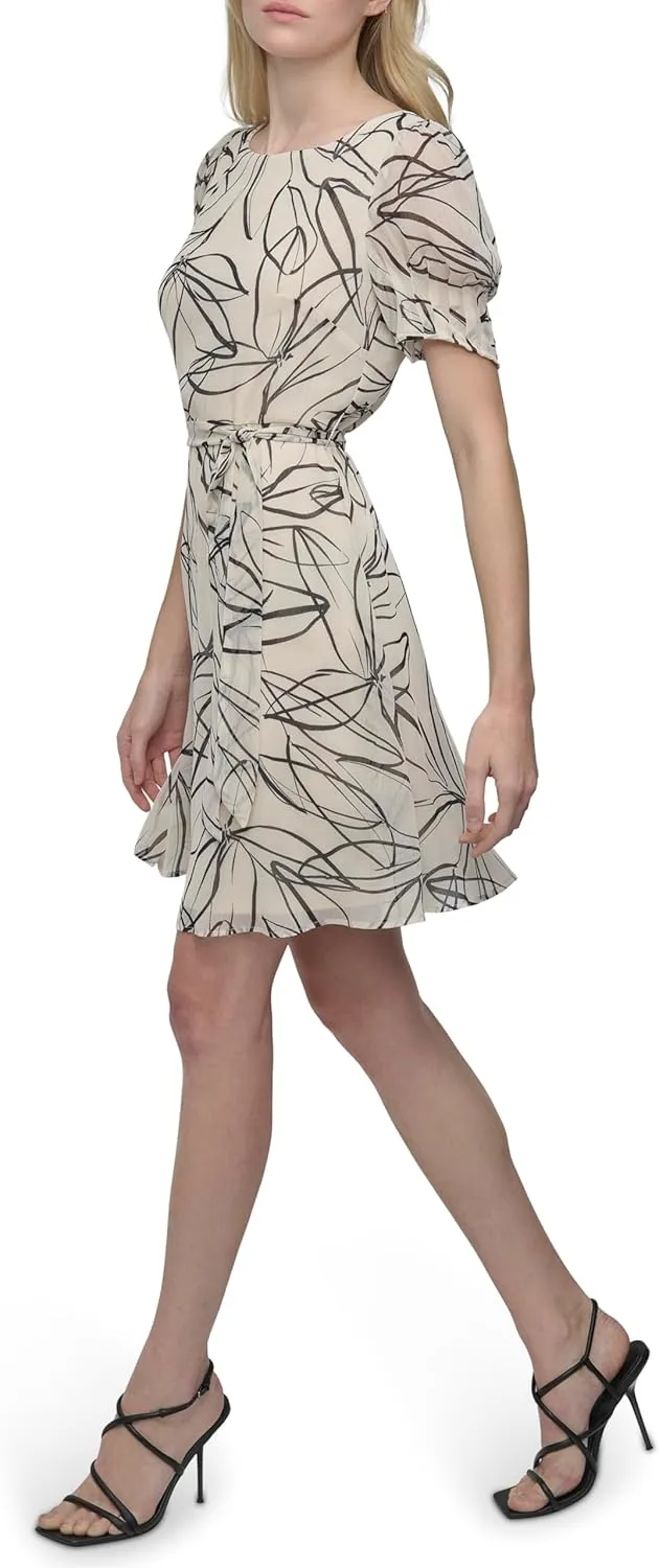 DKNY Women's Puff Sleeve Tie Waist A-line Mini Dress