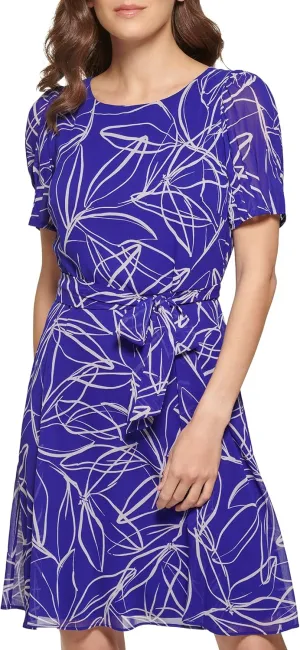 DKNY Women's Puff Sleeve Tie Waist A-line Mini Dress