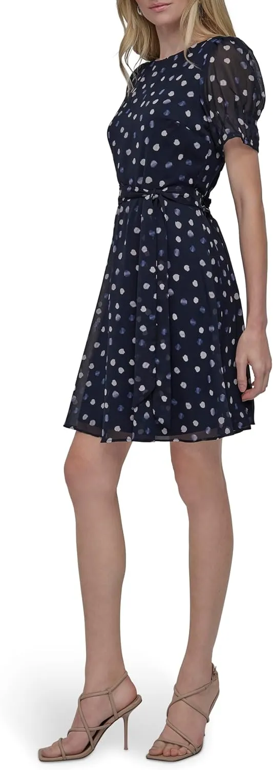 DKNY Women's Puff Sleeve Tie Waist A-line Mini Dress