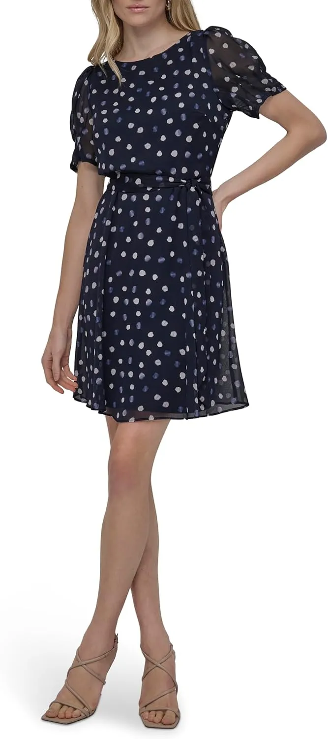DKNY Women's Puff Sleeve Tie Waist A-line Mini Dress