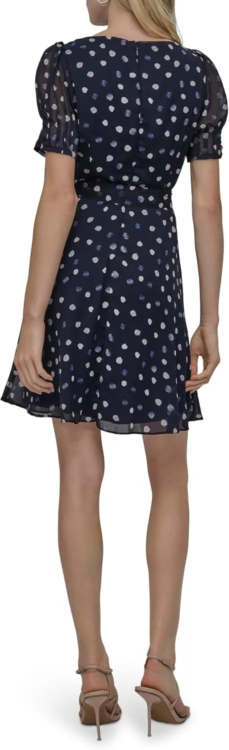 DKNY Women's Puff Sleeve Tie Waist A-line Mini Dress