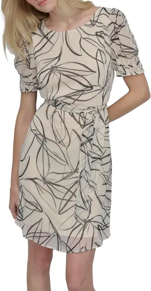 DKNY Women's Puff Sleeve Tie Waist A-line Mini Dress