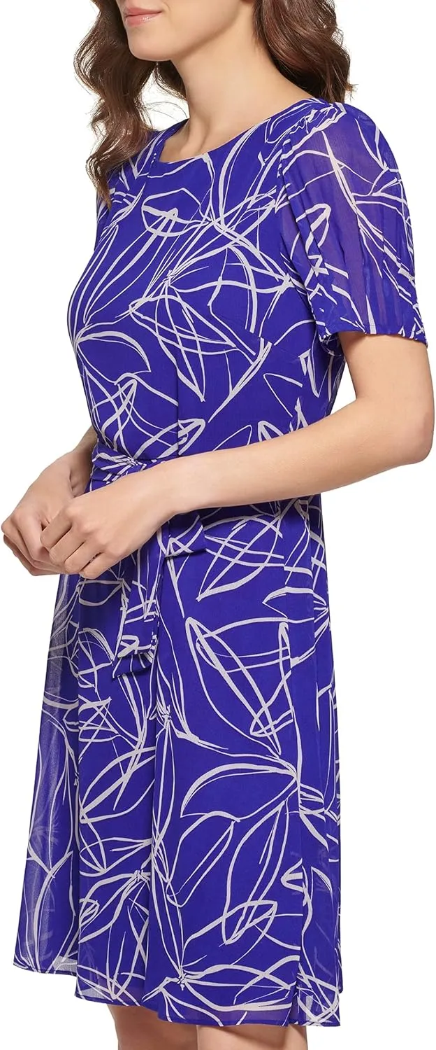DKNY Women's Puff Sleeve Tie Waist A-line Mini Dress