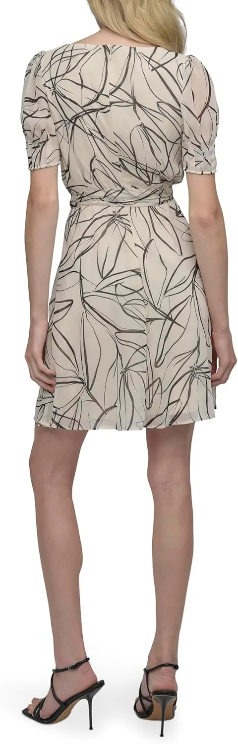 DKNY Women's Puff Sleeve Tie Waist A-line Mini Dress